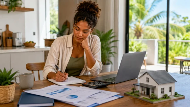 Illustration d’une personne préparant un projet immobilier avec un ordinateur, une calculatrice et une maquette de maison.