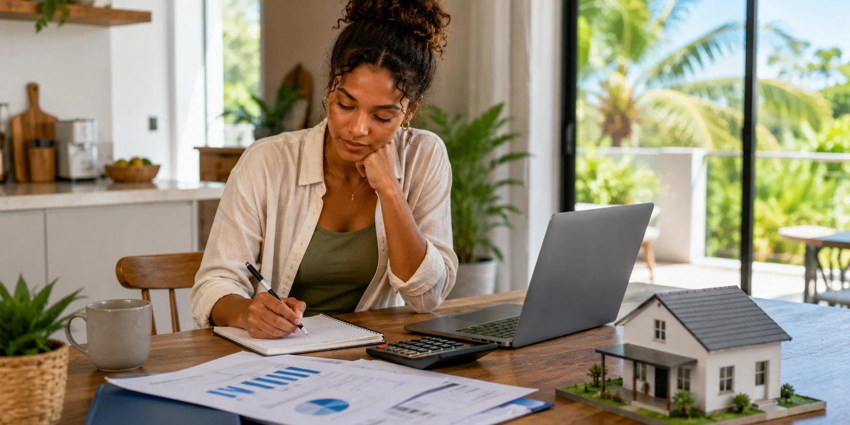Condition suspensive de prêt : 5 points à vérifier avant de signer un compromis Illustration d’un projet immobilier : une personne prend des notes près d’un ordinateur et d’une maquette de maison.