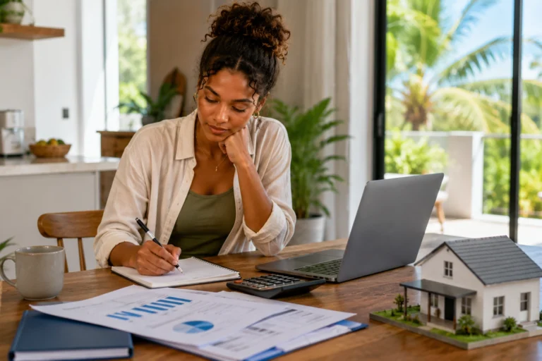Illustration d’un projet immobilier : une personne prend des notes près d’un ordinateur et d’une maquette de maison.